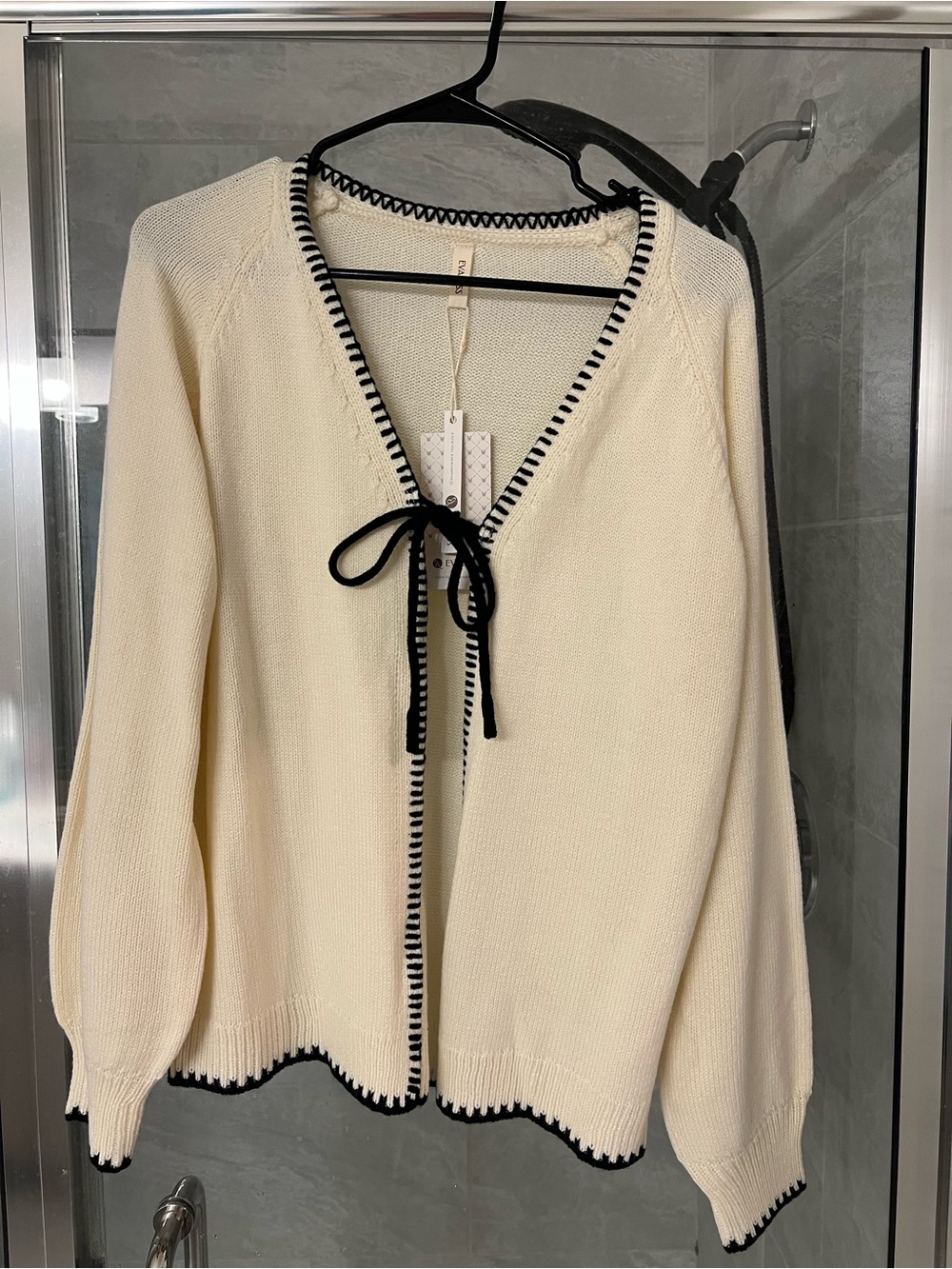 Amazon Cream Knit Cardigan with Black Trim and Tie